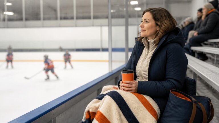 Hockey mom staying warm at a cold hockey rink with a blanket and travel mug