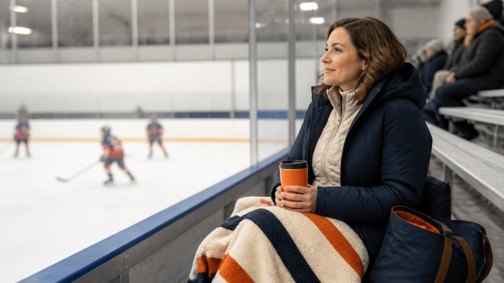 Hockey mom staying warm at a cold hockey rink with a blanket and travel mug