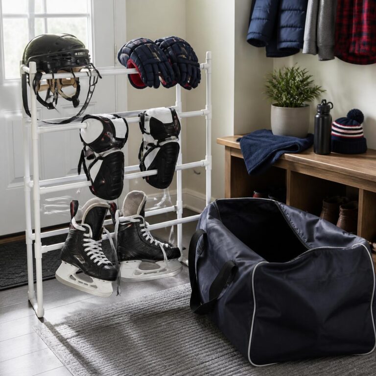 Hockey gear spread out to dry to prevent hockey gear smell.