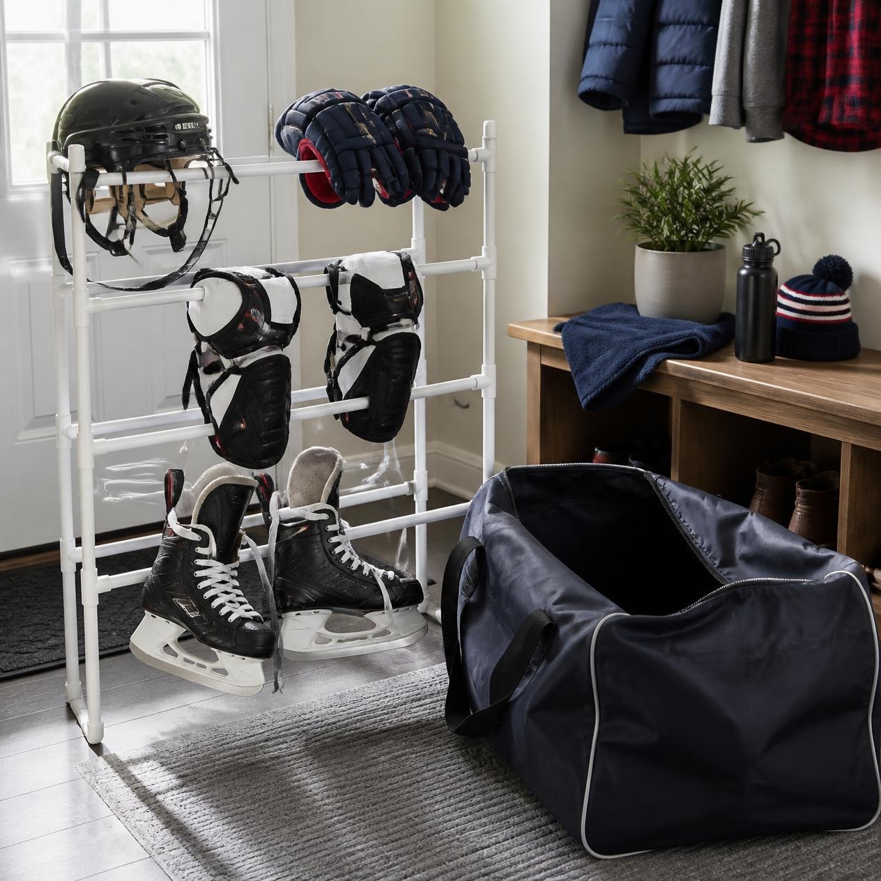 Hockey gear spread out to dry to prevent hockey gear smell.