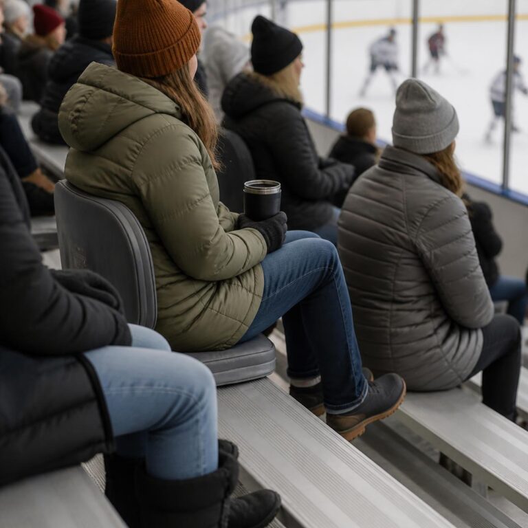 Heated stadium seat on cold hockey rink bleachers.